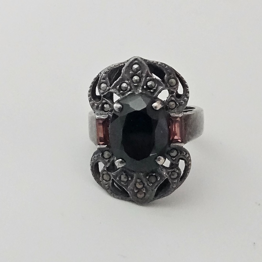 Vintage Sterling Silver Garnet Marcasite Ring Cocktail Statement Size 7 Art Deco